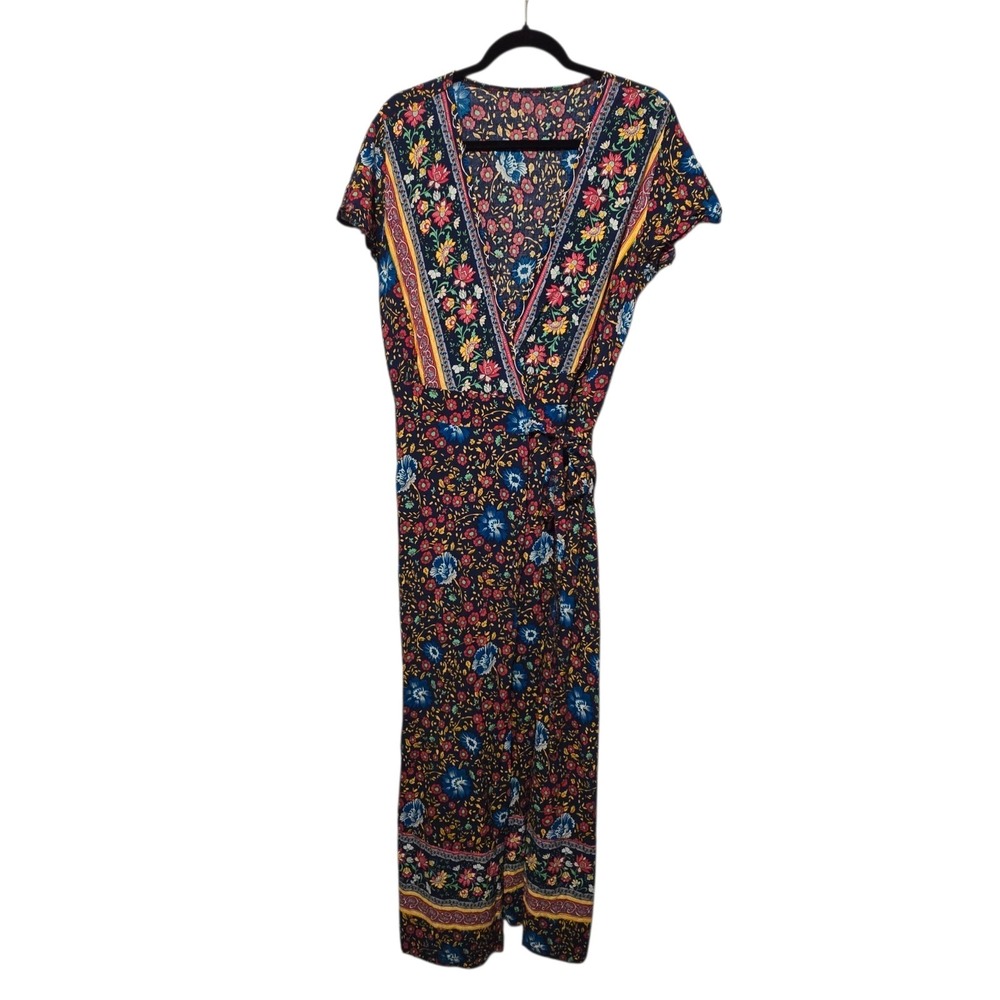 Floral Full Wrap Maxi Dress Womens LG 100% Cotton Boho Colorful Bohemian Cottage